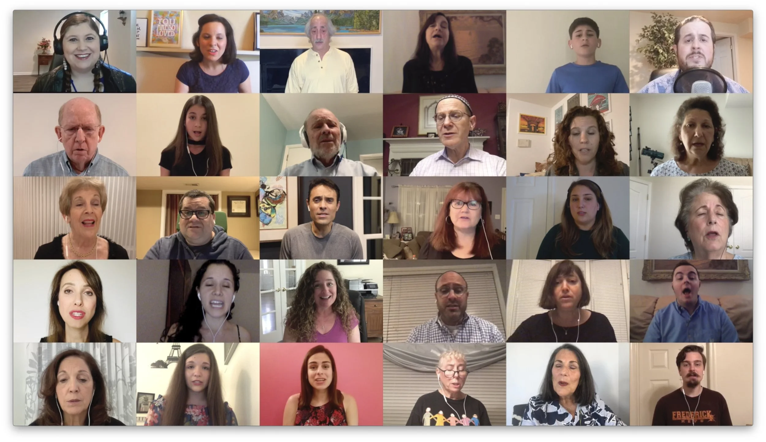 Virtual choir recording setup with microphone and headphones